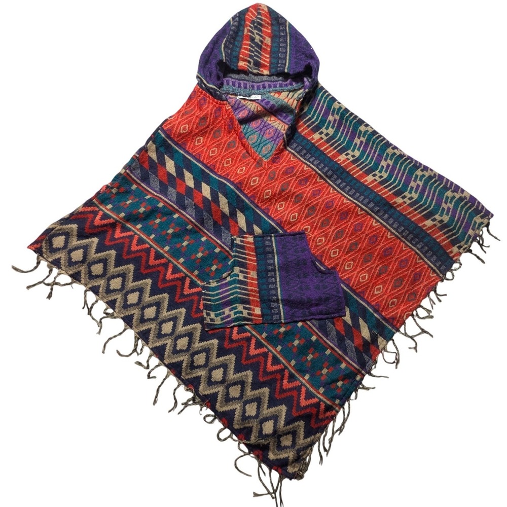Jessica Taylor Southwestern Geo Hooded Poncho Wool Blend Fringe Red Purple BOHO
